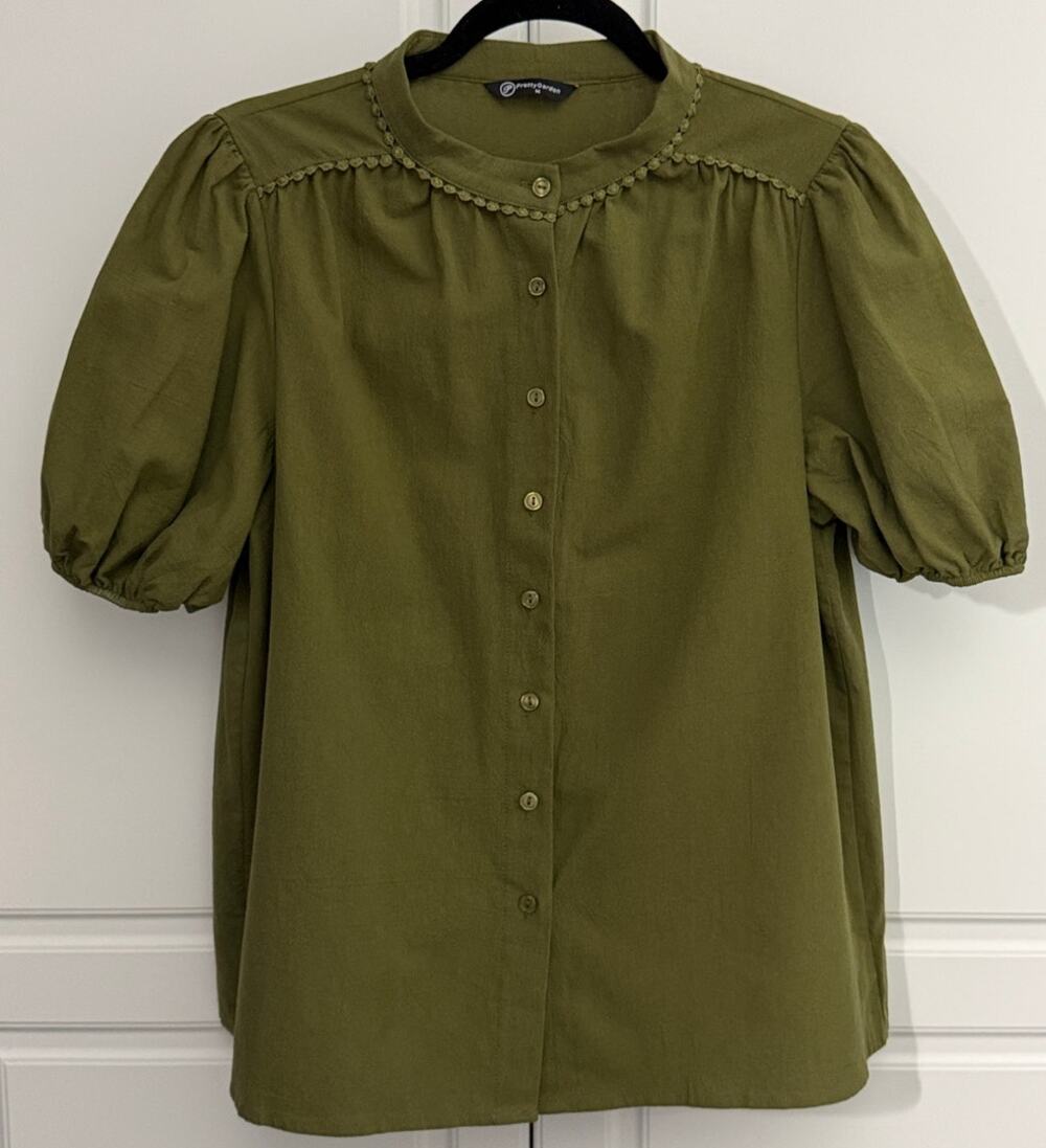 Pretty Garden Olive Green Button Front Top Puff Sleeve, Trim Detail Size M